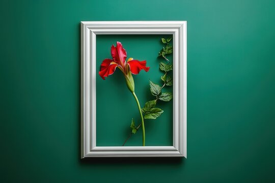 A vibrant red iris flower framed in white.