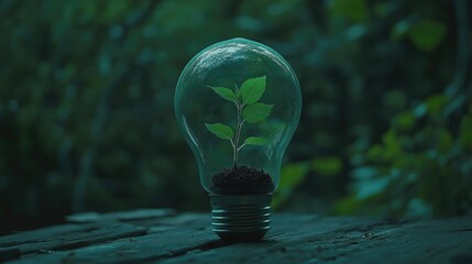 a green light bulb with a plant inside of it, green energy, environmental light