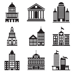 Fototapeta premium Buildings icons. Bank, Hotel, Courthouse. City, Real estate, Architecture buildings icons. Hospital, town house, museum. Urban architecture, city skyscraper. Classic set. Quality set. Vector, Building