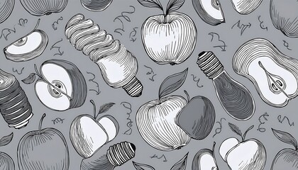 Hand-Drawn Illustrations of Apples, Pears, and Light Bulbs on Grey Background