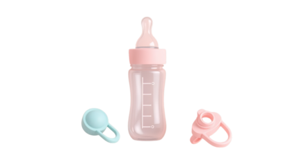 A gentle pink and blue baby feeding set, a sweet and simple design for nourishing your little one with soft pastel tones and a clear bottle.