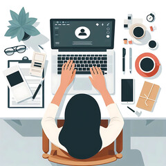 Top-down flat vector illustration of a girl using a laptop on a desk, minimal design, no background clutter, clean white space, isolated illustration
