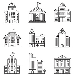Fototapeta premium Buildings icons. Bank, Hotel, Courthouse. City, Real estate, Architecture buildings icons. Hospital, town house, museum. Urban architecture, city skyscraper. Classic set. Quality set. Vector, Building
