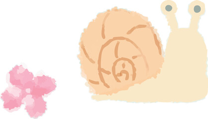 優しい色味のカタツムリと紫陽花の花びらの水彩風イラスト