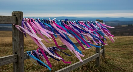 Colorful Ribbons Adorning a Rustic Fence Against a Serene Mountain Landscape