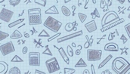 Hand-Drawn School Supplies Background with Calculators, Rulers, and Geometry Shapes