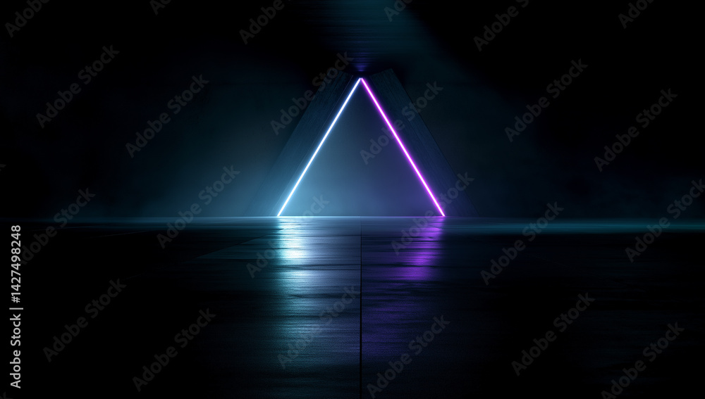 Aufkleber a glowing neon triangle in a dark room with reflections on the floor and a beam of light above it