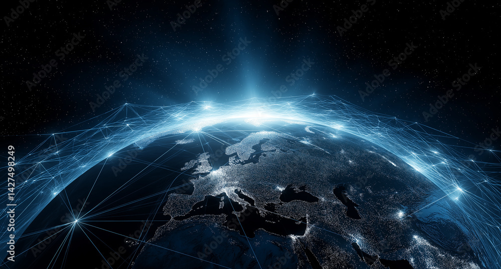 Poster digital representation of earth with glowing network lines and bright lights over europe view