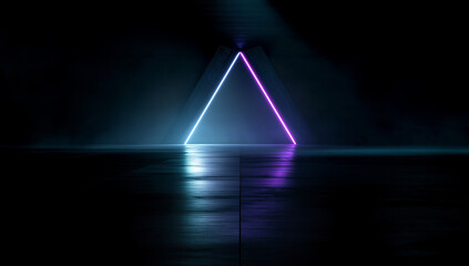 A glowing neon triangle in a dark room with reflections on the floor and a beam of light above it