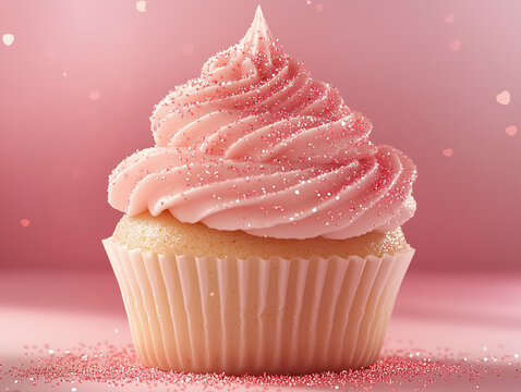 A close up of a pink cupcake with glitter on top against a pink background with hearts bokeh effect - Powered by Adobe