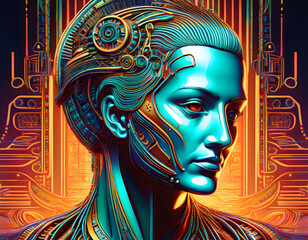 Futuristic Cyborg Woman Portrait AI Art Digital Painting Abstract Technology