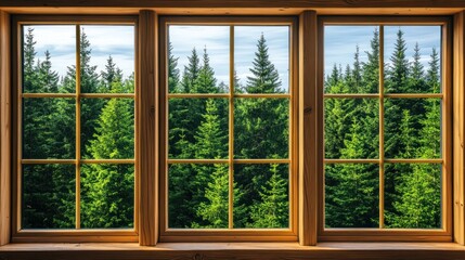 Fototapeta premium Forest viewed through a wooden window creating a cozy natural scene