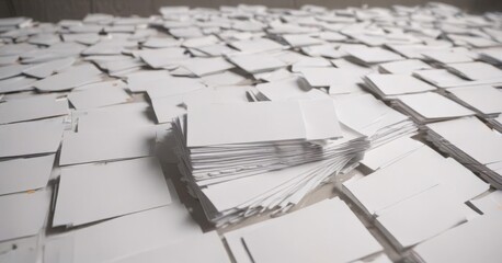 Blank white index cards scattered, organized mess ,  unorganized,  clean,  project