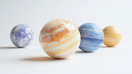 Fototapeta premium A realistic studio shot depicts a detailed miniature solar system model with planets exhibiting vibrant colors and textures against a clean white background providing ample copy