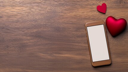 A smartphone and two red hearts are placed on a wooden surface, symbolizing love and connection in a modern, digital age.