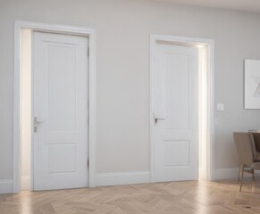 Clean white doors, open and closed, in a bright room ,  white,  house