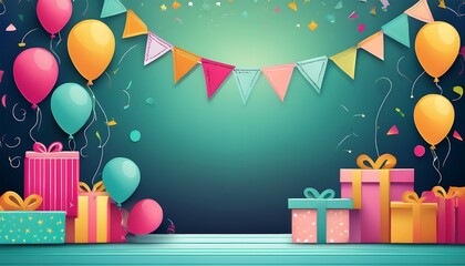Colorful Party Background with Balloons, Gifts, and Bunting for Celebrations and Events