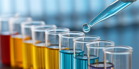 A row of test tubes filled with colorful liquids and a pipette dripping into one of the tubes