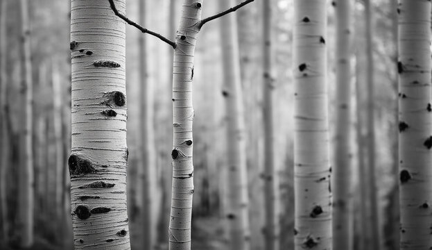 A monochrome view of a dense aspen forest with focus on the textured bark of the trees trunks