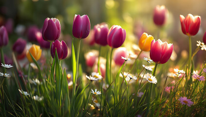 A field of tulips with purple, red, and yellow flowers surrounded by small white daisies in sunlight  