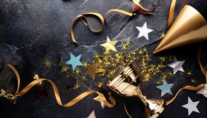 Festive Celebration Background with Golden Cup, Colorful Stars, and Ribbon Decorations for Events