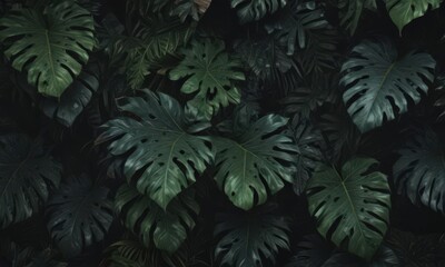 Fototapeta premium Dark, lush tropical leaves layered, creating a mysterious, textured pattern , growth, botanical, art