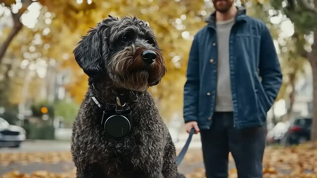 Fall Day Stroll: A man and his attentive Lagotto Romagnolo enjoy the autumn scenery