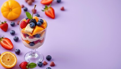Tempting fruit parfait in the center left corner on a lavender background, in a clean food photography style, with delicate shine radiance, spacious layout, high resolution