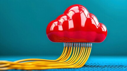 Abstract Red Cloud Connected to Yellow Cables on Teal Background