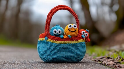Adorable Crocheted Characters in Brightly Colored Handbag on Park Path