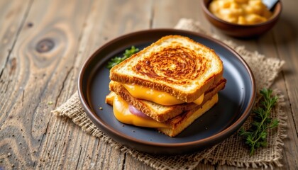 Tempting grilled cheese in the center corner on a rustic burlap background, in a clean food photography style, with overhead daylight radiance, spacious layout, high resolution