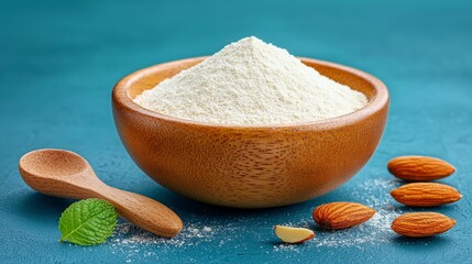 Almond Flour in Wooden Bowl with Almonds on Teal Background