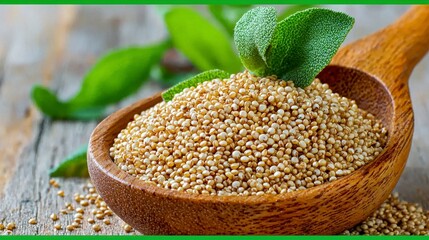 Amaranth Seeds in Wooden Spoon with Green Leaves