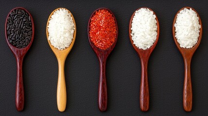 Assortment of Rice Varieties in Wooden Spoons on Dark Background