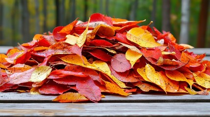 Autumn Leaf Pile Red and Gold Fall Foliage on Weathered Wood