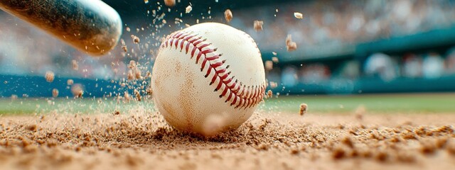 Baseball Impacting Dirt Close Up of Action Shot at a Baseball Game