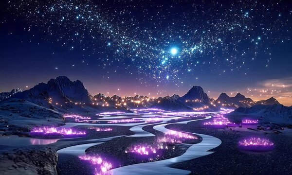 Crystals glow on alien terrain beneath a purple sky filled with stars, moons, and cosmic light in a dreamy space fantasy world.