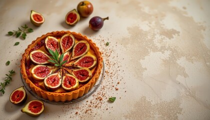 Tempting fig tart in the center left corner on a sandstone background, in a clean food photography style, with airy natural radiance, spacious layout, high resolution