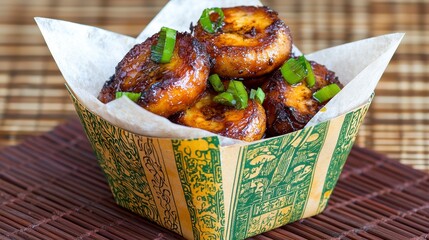 Caramelized Banana Slices with Green Onions in Decorative Cup