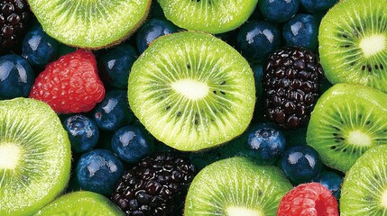 Colorful Fresh Berries and Kiwi Slices Close Up