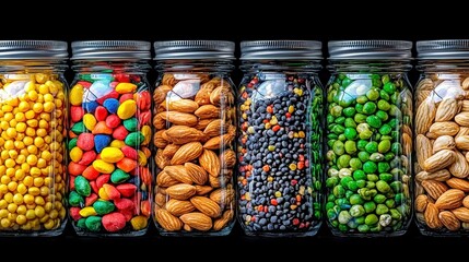 Colorful Legumes and Seeds in Glass Jars on Dark Background Display