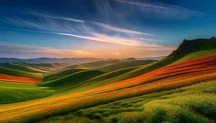 Fototapeta premium Vibrant Rolling Hills Landscape at Sunset Colorful Fields and Dramatic Sky