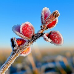 Frost Covered Red Plant Bud in Winter Sunlight