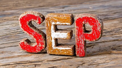 Rustic Red and White Wooden SEP Letters on Weathered Wood Background