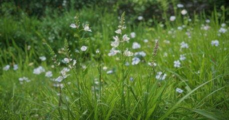 Fototapeta premium Close-up shot, delicate June blossoms amidst lush green grass , organic, daylight