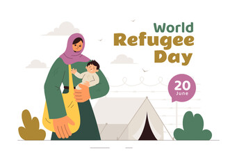 World Refugee Day Illustration featuring an Immigrant Family with Their Children in Search of a New Home, with Barbed Wire Fences and a Helping Hand