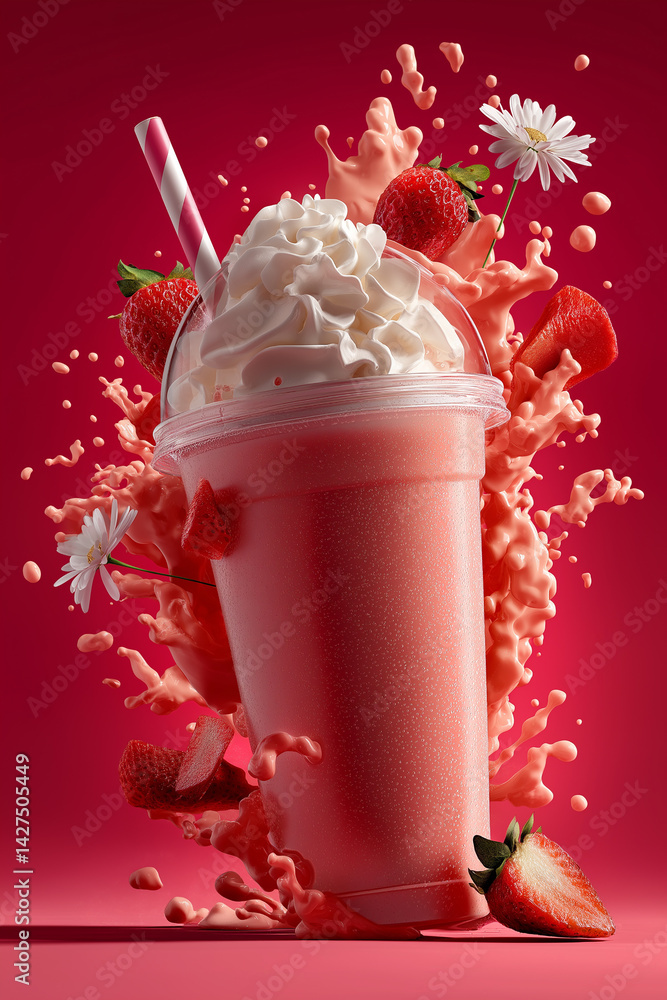 Poster strawberry smoothie with whipped cream and a straw on a pink background with splashes around it