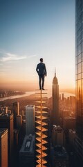 Fototapeta premium A man confidently stands atop a towering skyscraper, gazing out over the sprawling city skyline, with the sun setting in the background, casting a warm glow.