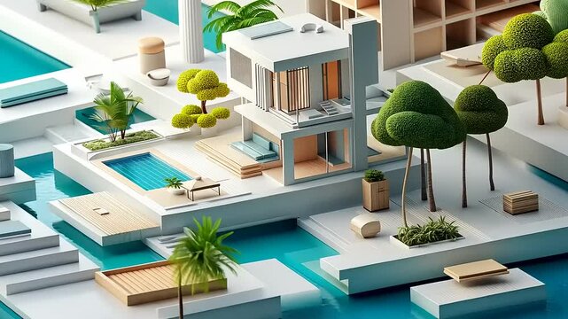 Isometric Contemporary Villa Design with Serene Aquatic Surroundings Visualisation