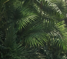 Deep emerald palm fronds, sunlight dappled, rich textures ,  green leaves,  nature background